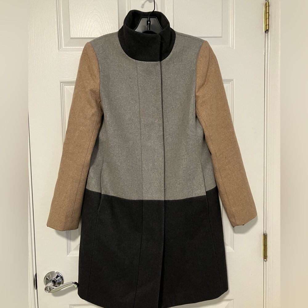 RARE J.Crew Colorblock Color Block Funnel Neck Wool Coat Size 6 EUC